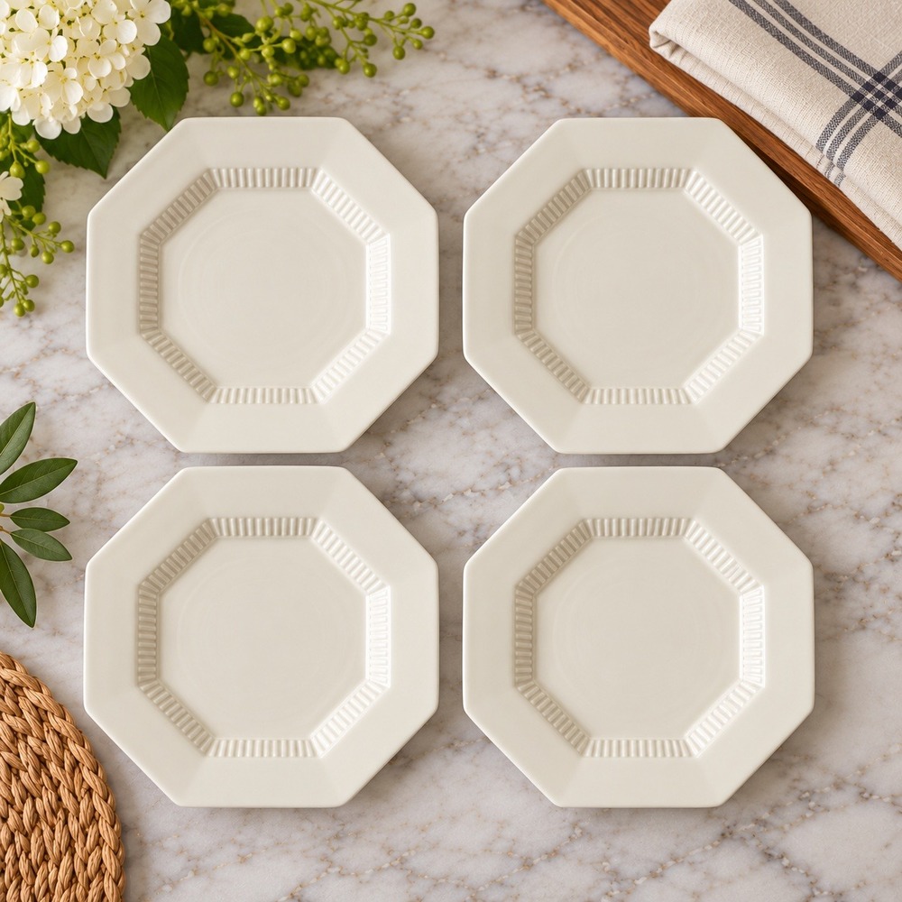 Made In Japan Nikko Classic Octagonal Salad Plates 8 In White Ribbed Set of 4